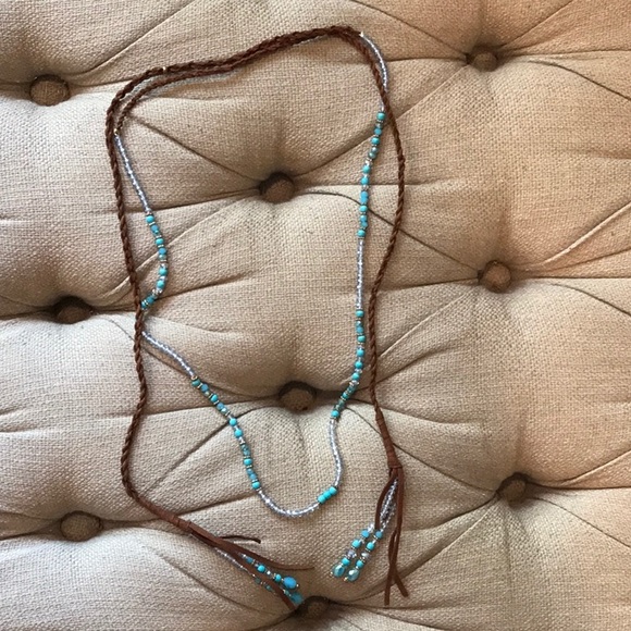Leather, turquoise & crystal lariat Boho necklace - Picture 2 of 4